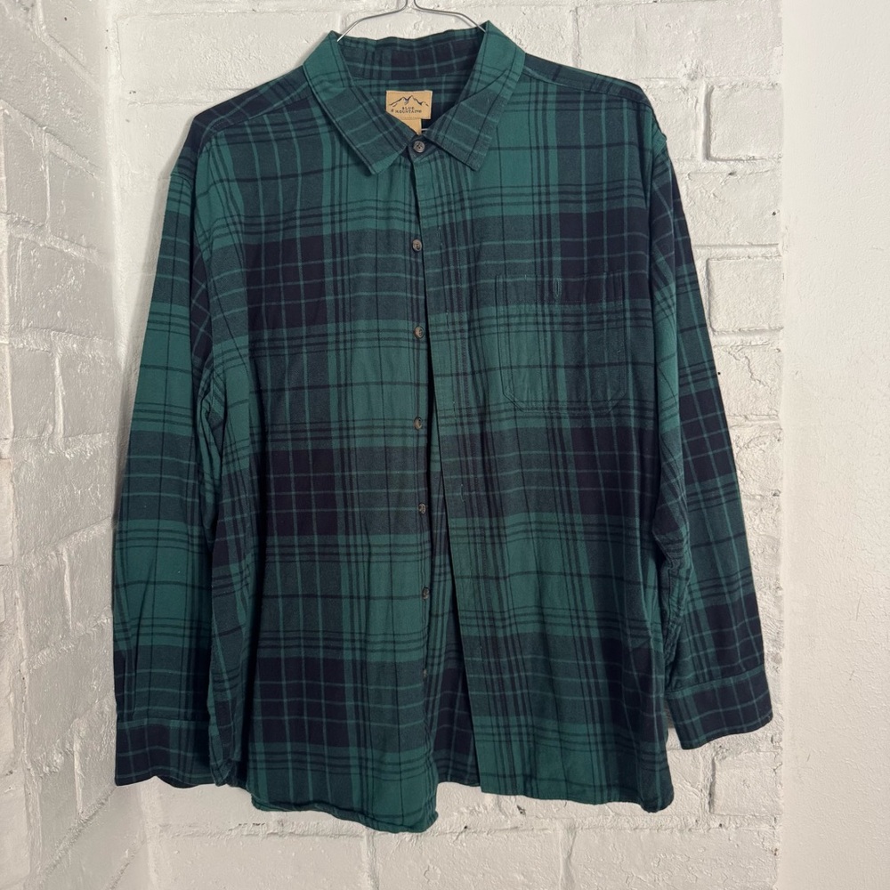 Blue Mountain Green & Navy Plaid Flannel Button-Down Shirt 2X $22